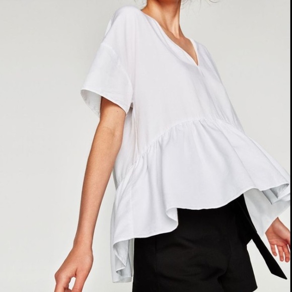Mango Y2K Boho Oversize White Peplum Ruffle Hem Cropped Short Sleeve Preppy Top - Picture 3 of 16